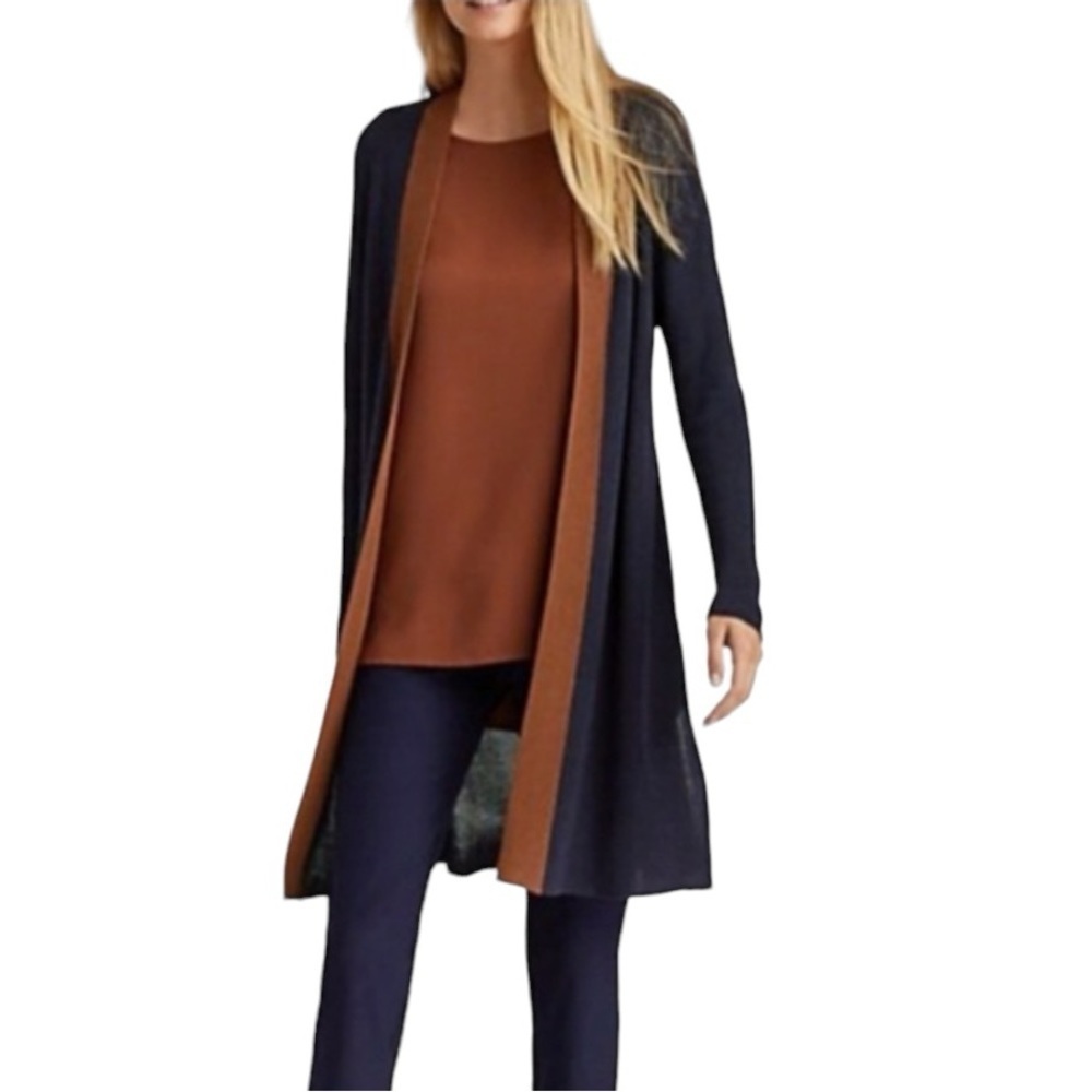 EILEEN FISHER Open Front Long Cardigan Sweater in Navy Blue and Brown Size Small